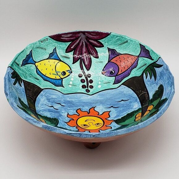 Mexican Hand Painted Folk Art Storyteller Sun, Trees & Fish 3 Footed Bowl - 2012 - Picture 2 of 10